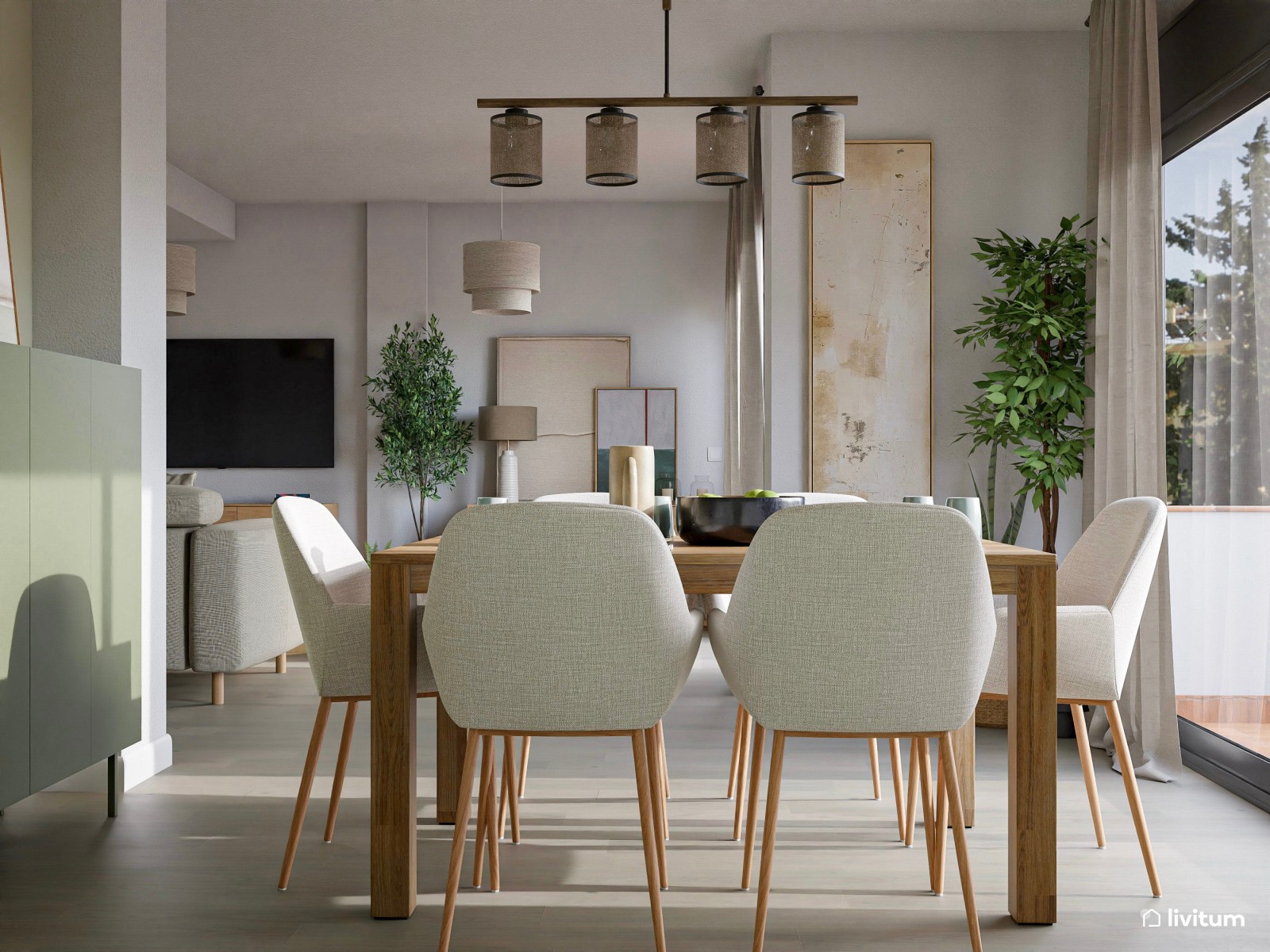 Salón amplio, fresco y luminoso decorado en verde claro