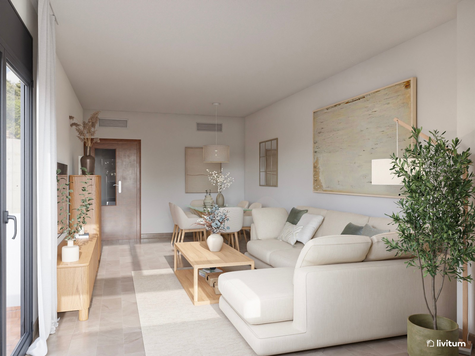 Salón amplio y delicado en tonos suaves con sofá esquinero