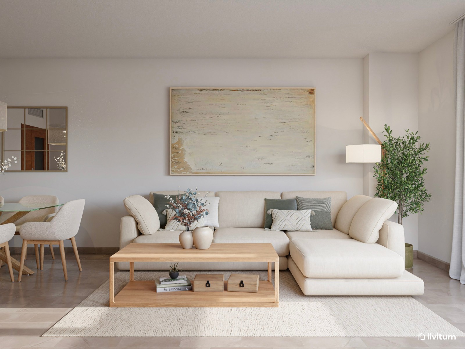 Salón amplio y delicado en tonos suaves con sofá esquinero