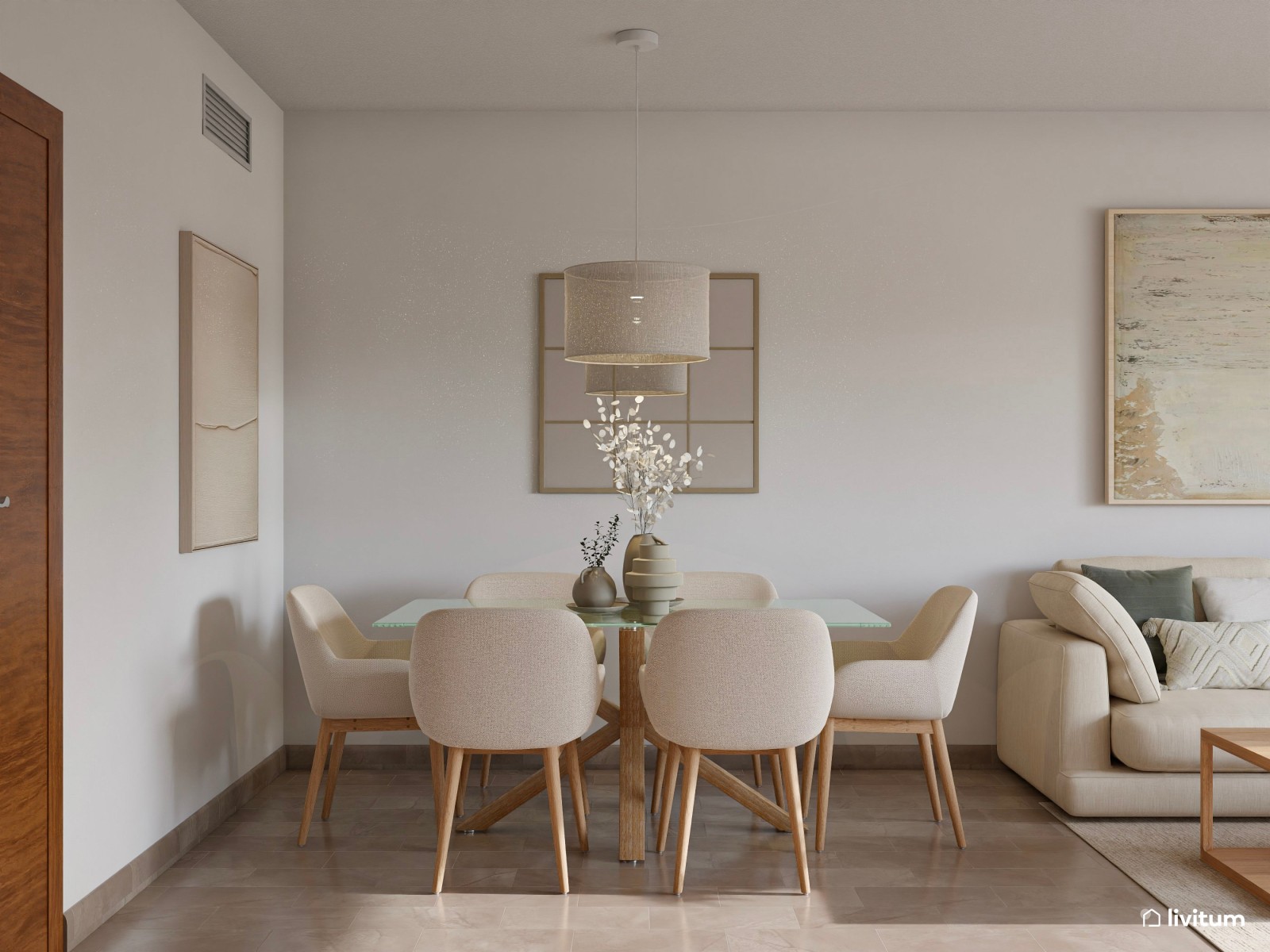 Salón amplio y delicado en tonos suaves con sofá esquinero