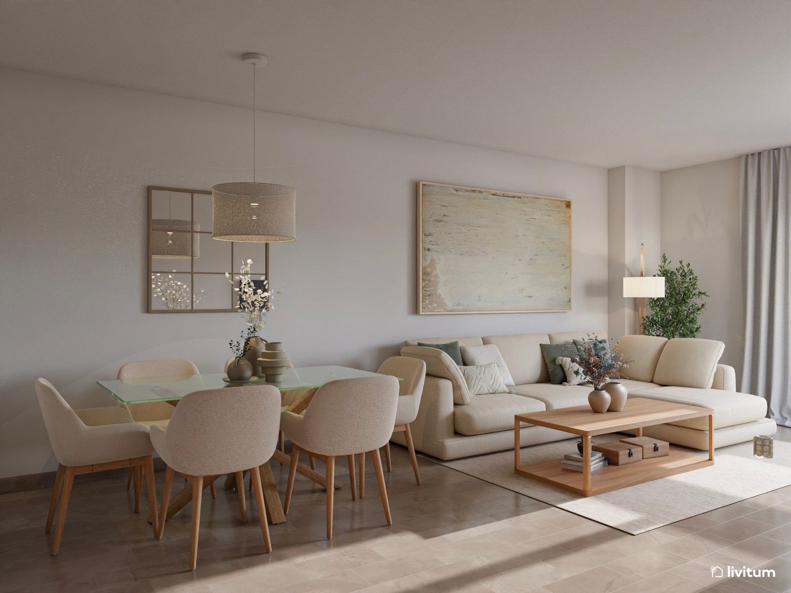 Salón amplio y delicado en tonos suaves con sofá esquinero