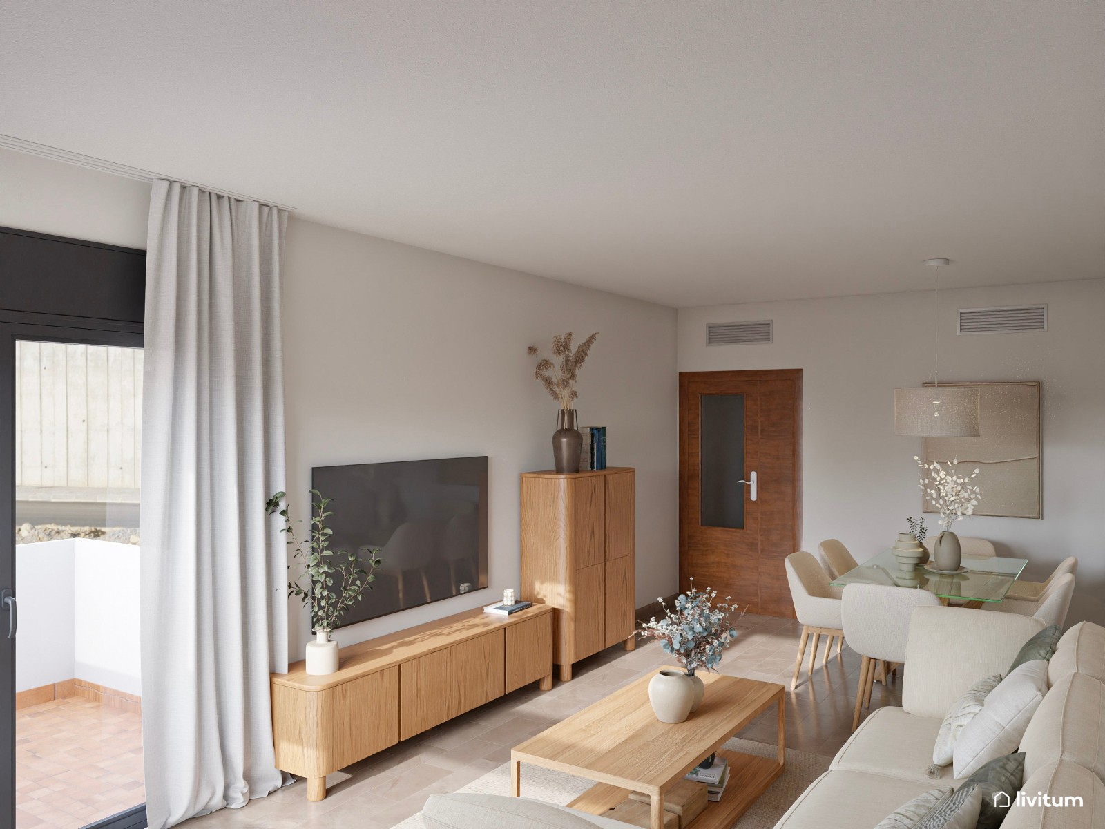 Salón amplio y delicado en tonos suaves con sofá esquinero