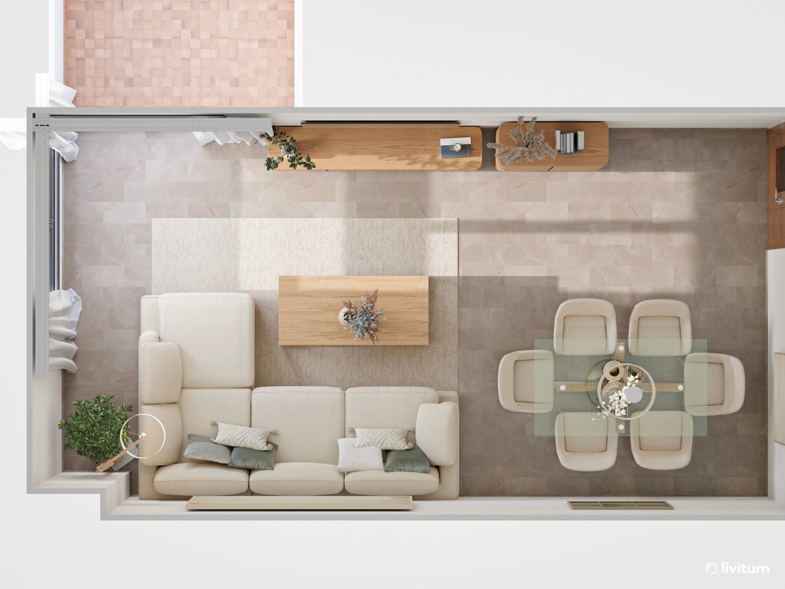 Salón amplio y delicado en tonos suaves con sofá esquinero