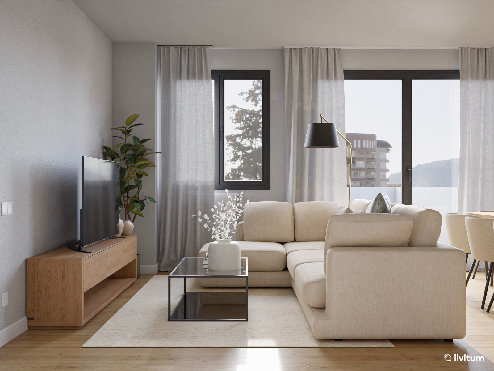  Salón amplio y sereno en color beige, roble y acentos oscuros