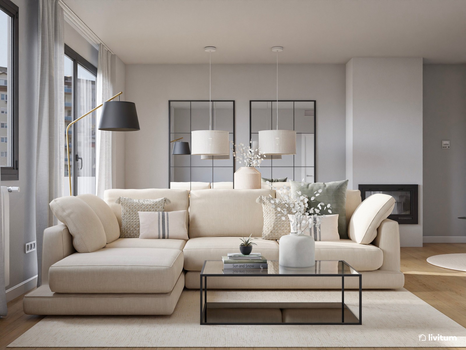  Salón amplio y sereno en color beige, roble y acentos oscuros