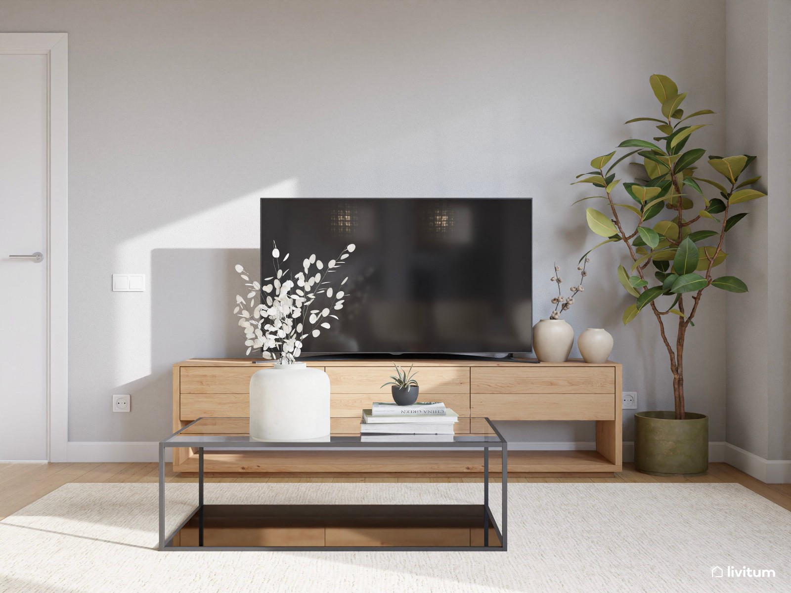  Salón amplio y sereno en color beige, roble y acentos oscuros