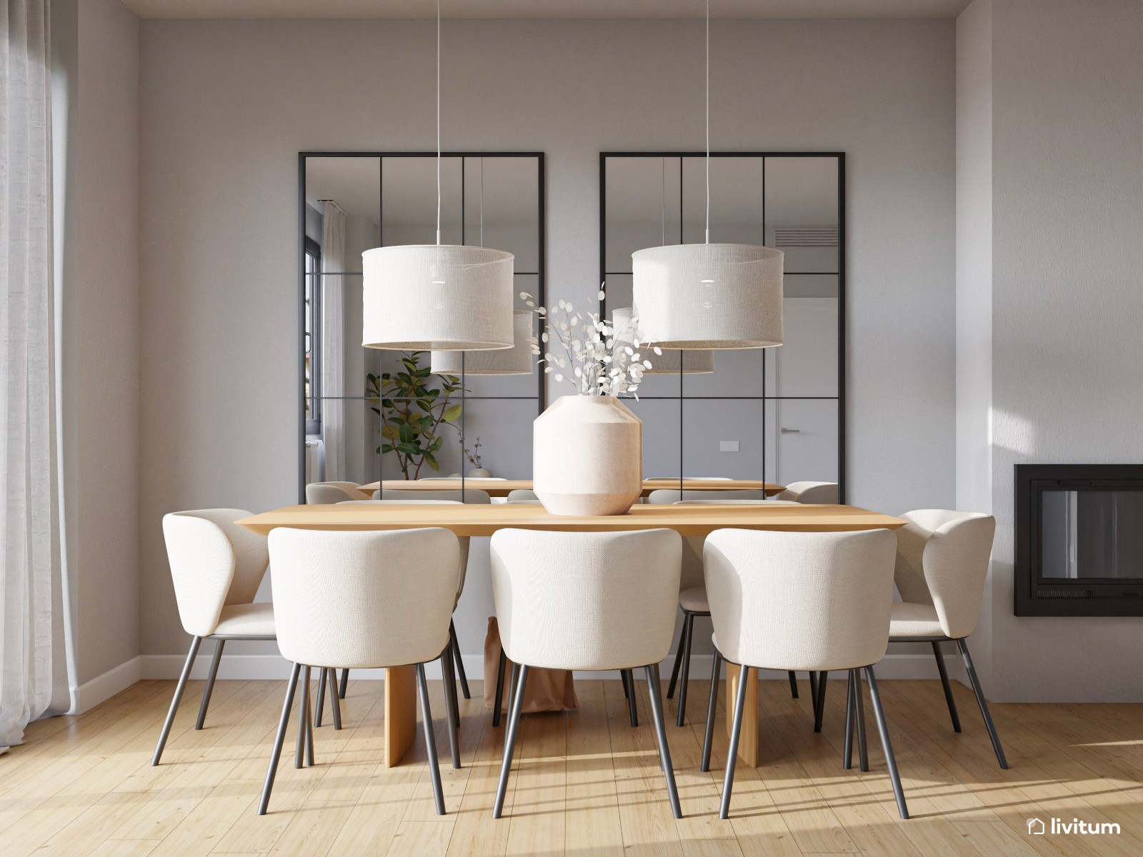  Salón amplio y sereno en color beige, roble y acentos oscuros