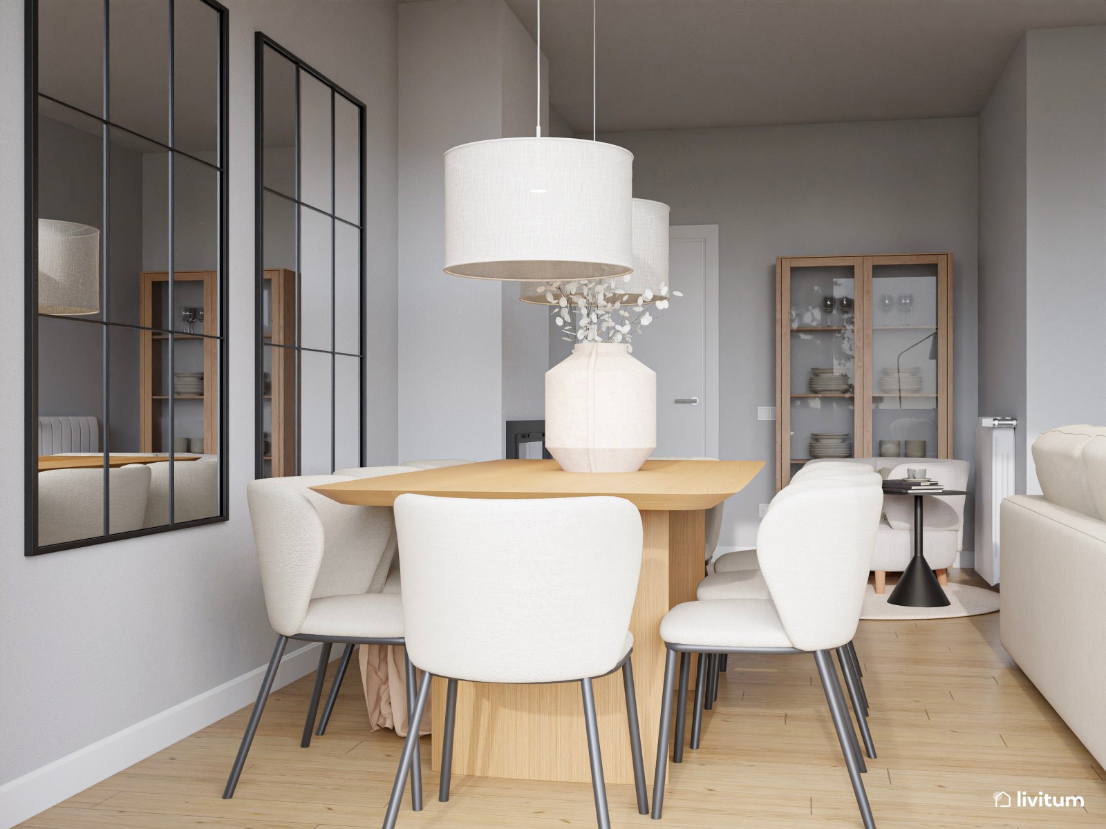  Salón amplio y sereno en color beige, roble y acentos oscuros