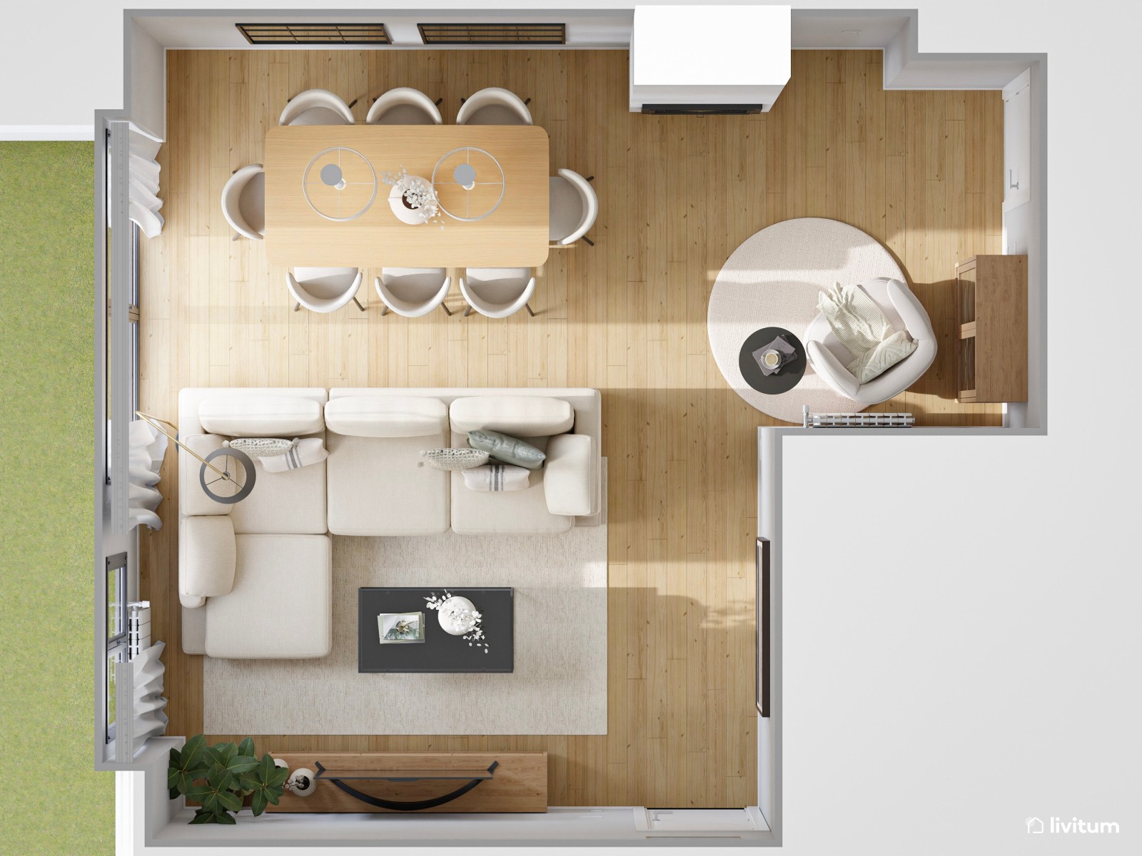  Salón amplio y sereno en color beige, roble y acentos oscuros