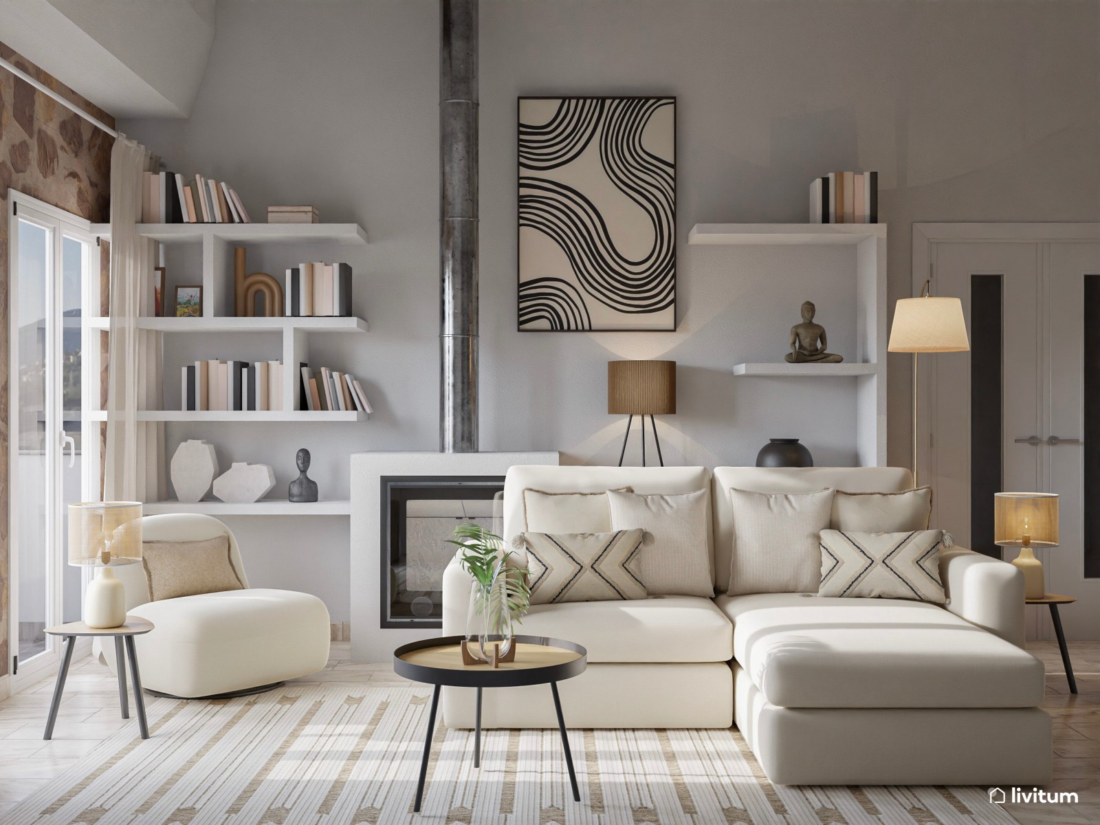 Salón blanco y moderno con chimenea y pared de piedra