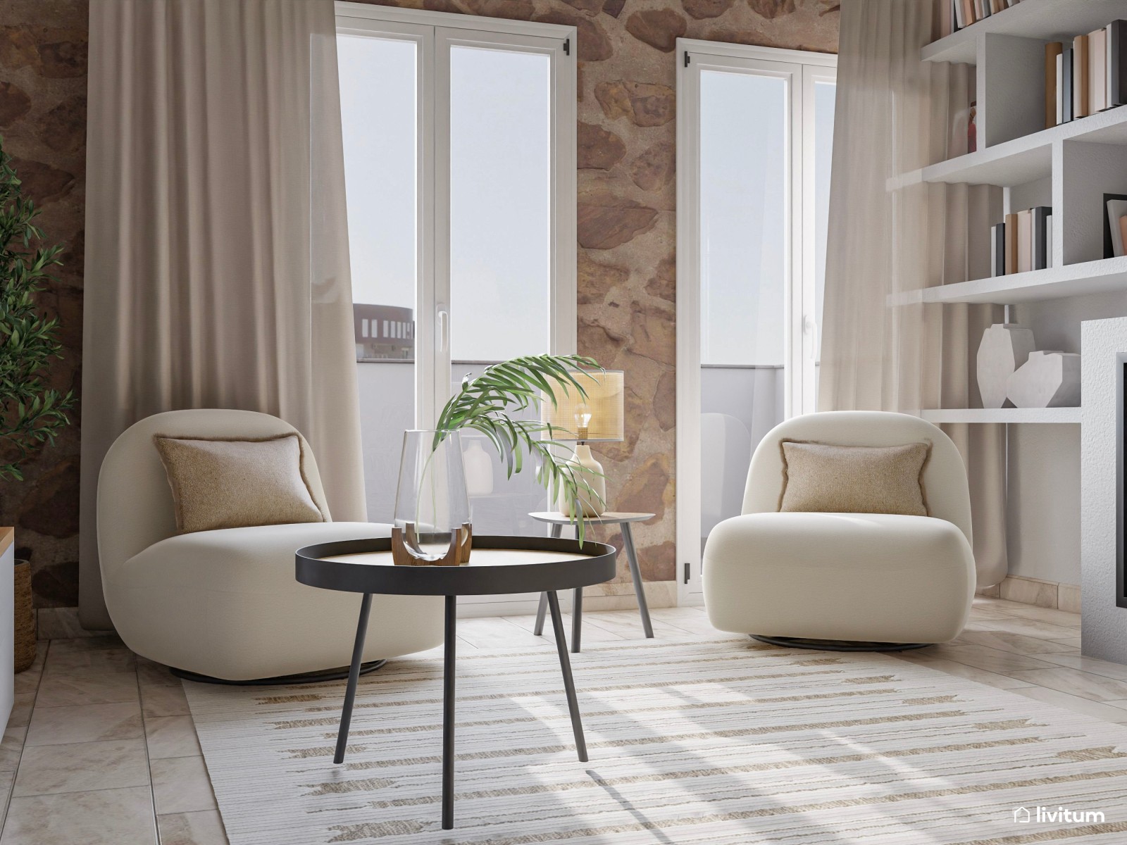 Salón blanco y moderno con chimenea y pared de piedra