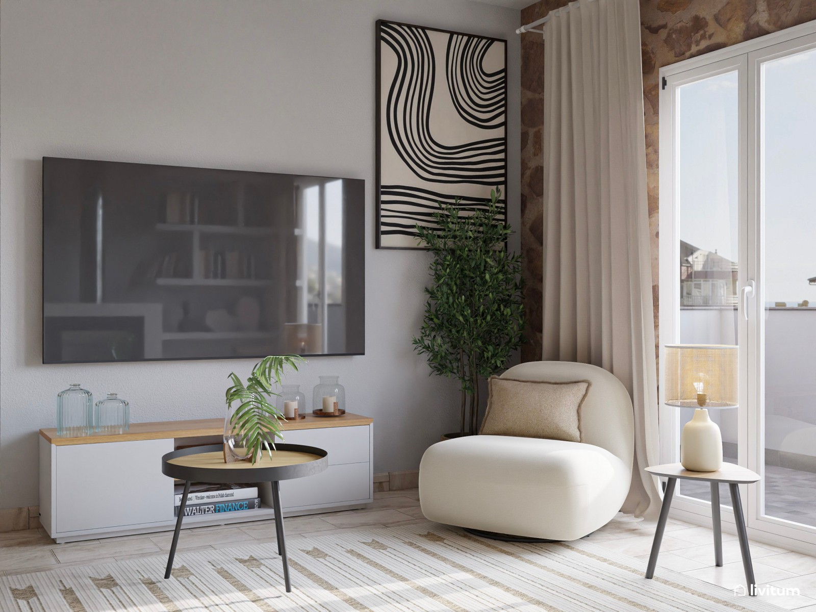 Salón blanco y moderno con chimenea y pared de piedra