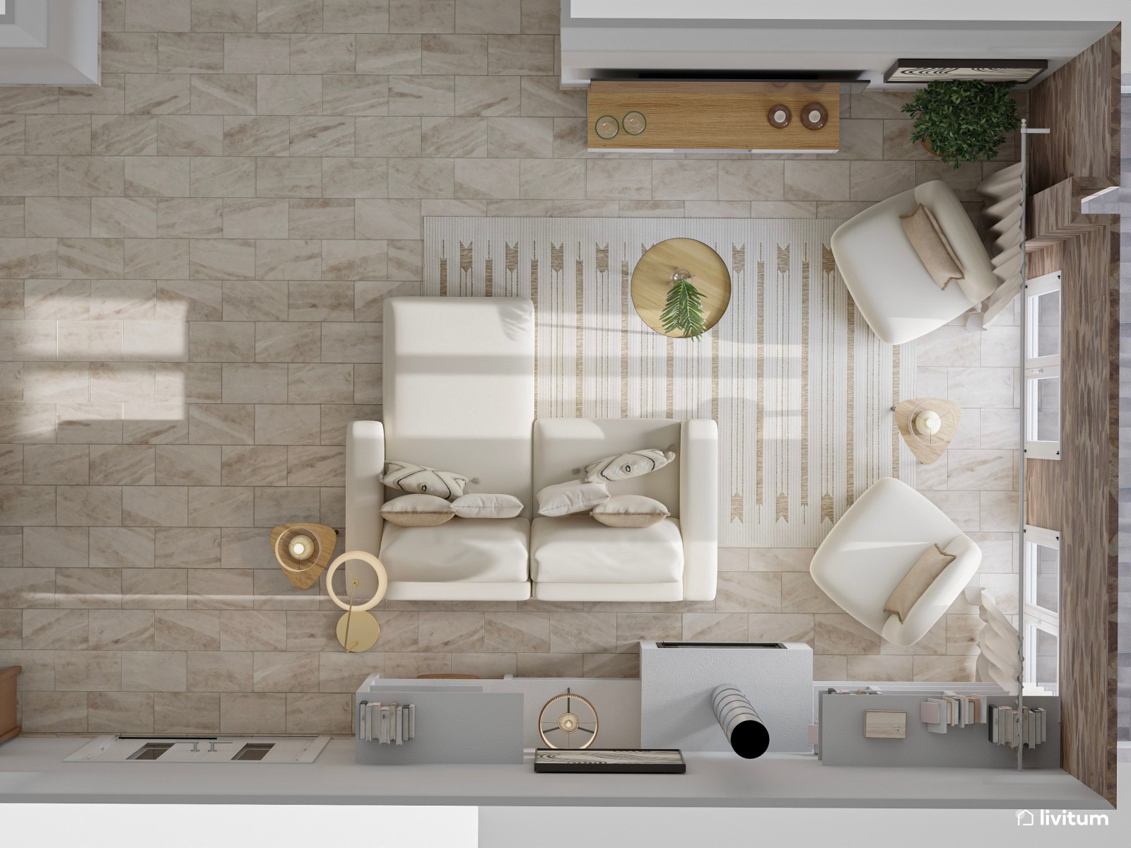 Salón blanco y moderno con chimenea y pared de piedra