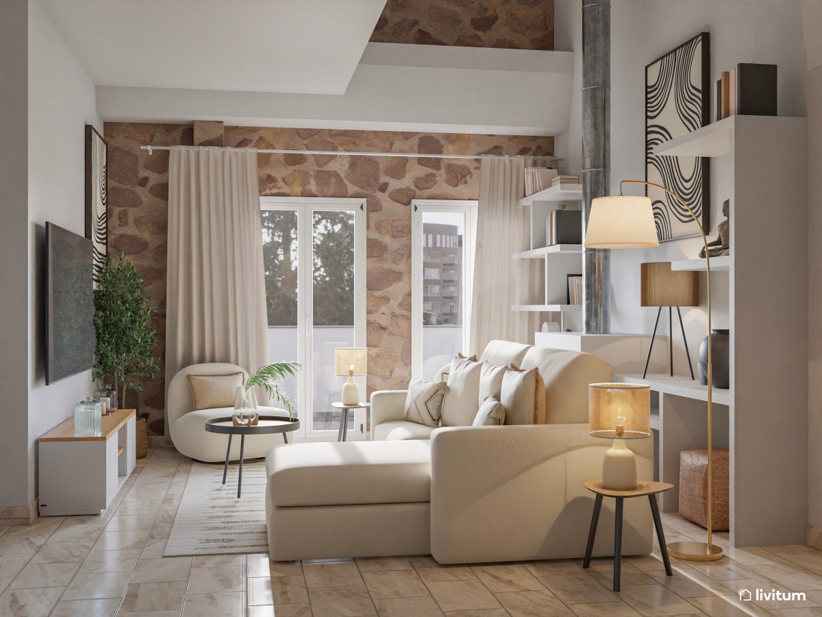 Salón blanco y moderno con chimenea y pared de piedra