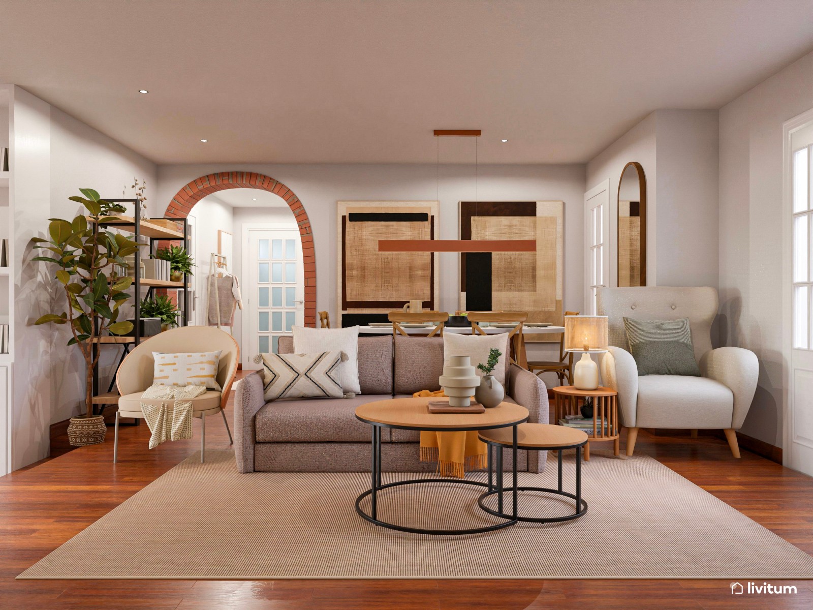 Salón bohemio y acogedor con zona de juegos para niños