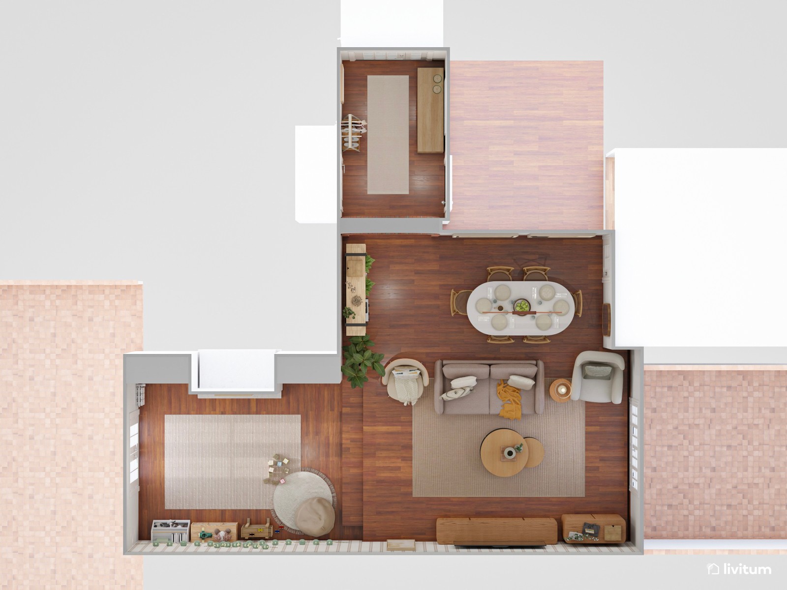 Salón bohemio y acogedor con zona de juegos para niños