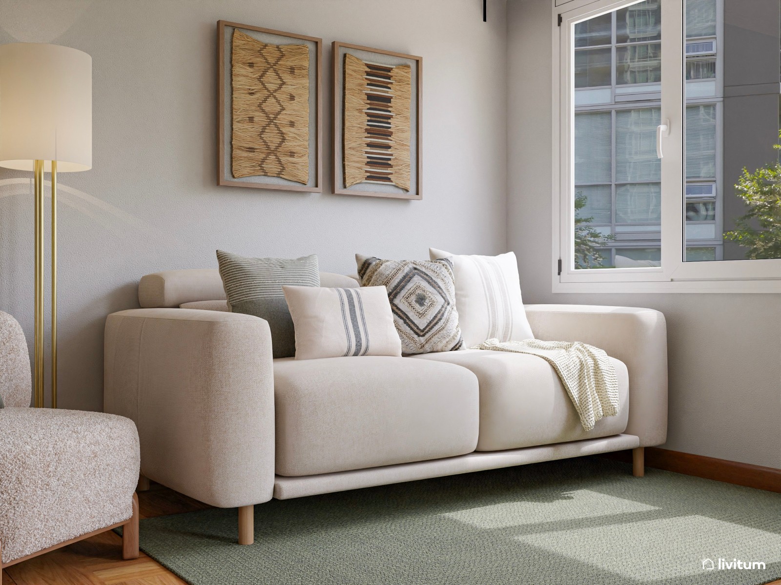 Salón boho contemporáneo en beige y verde con comedor redondo