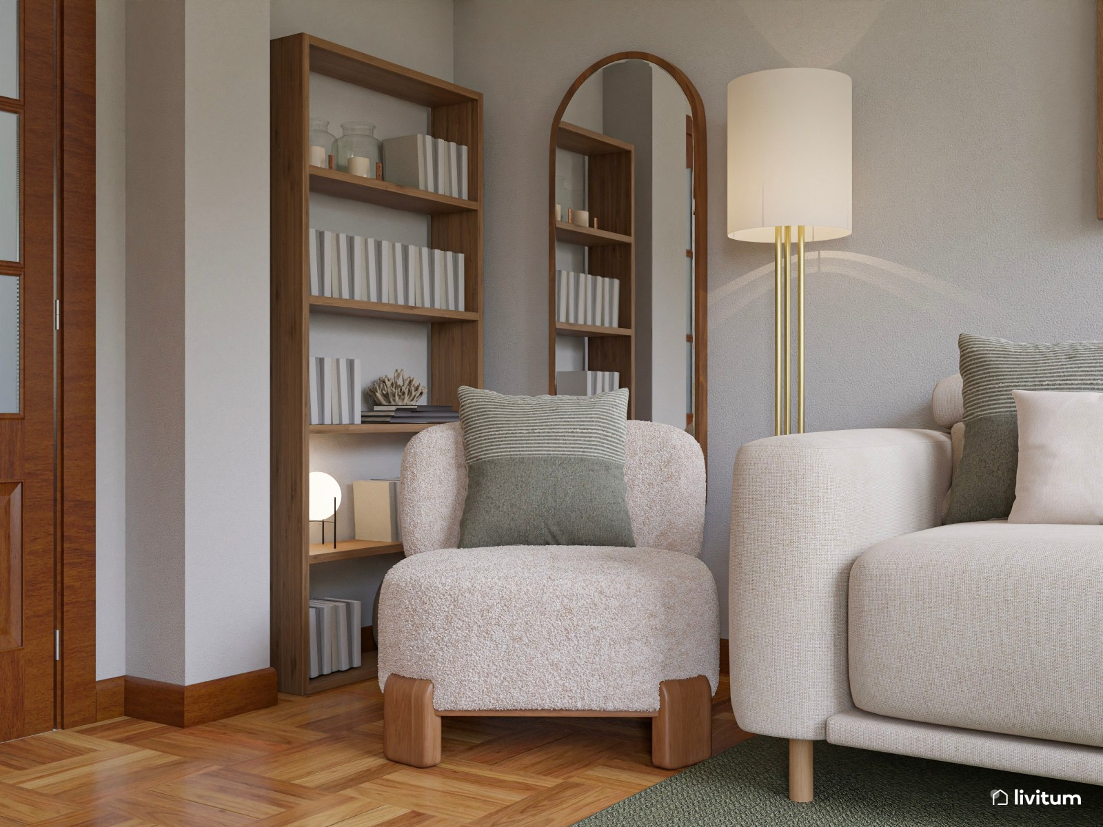 Salón boho contemporáneo en beige y verde con comedor redondo