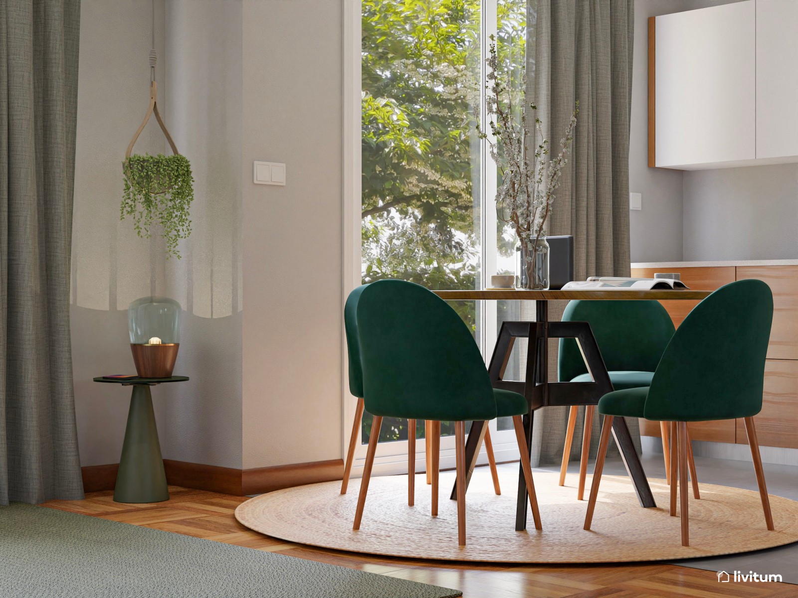 Salón boho contemporáneo en beige y verde con comedor redondo