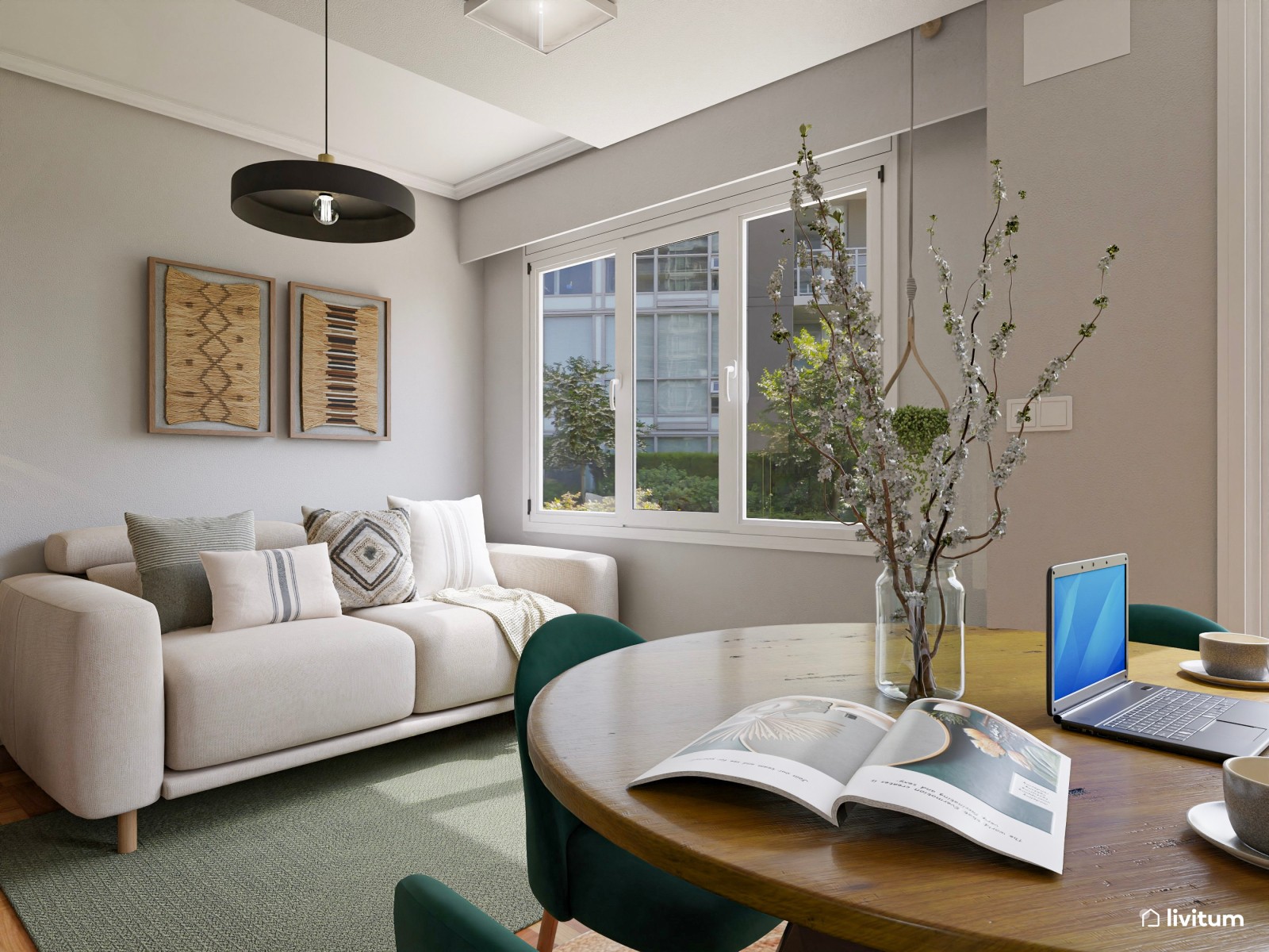 Salón boho contemporáneo en beige y verde con comedor redondo