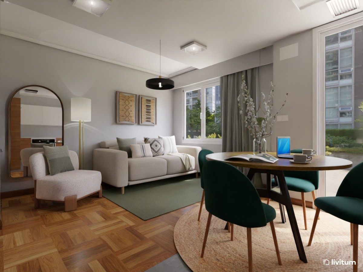 Salón boho contemporáneo en beige y verde con comedor redondo