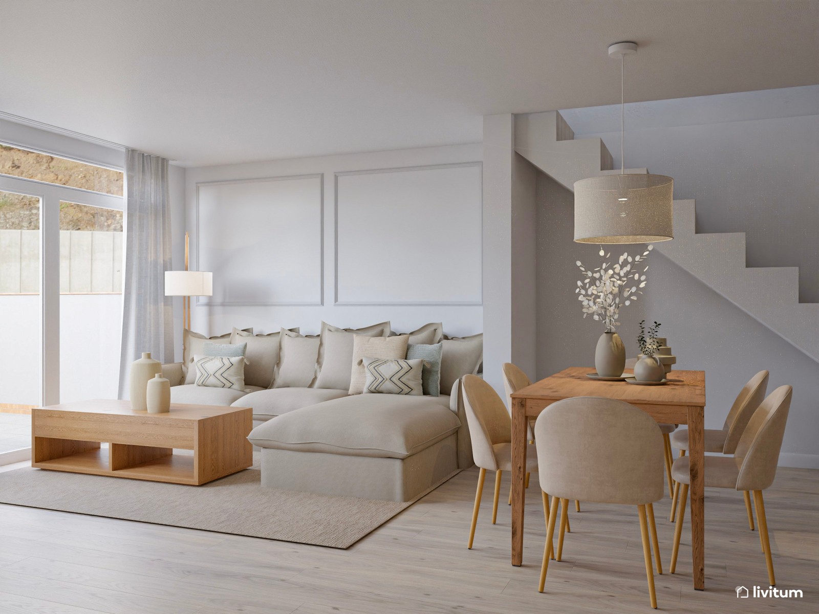 Salón clásico con piezas de estilo nórdico en tonos neutros