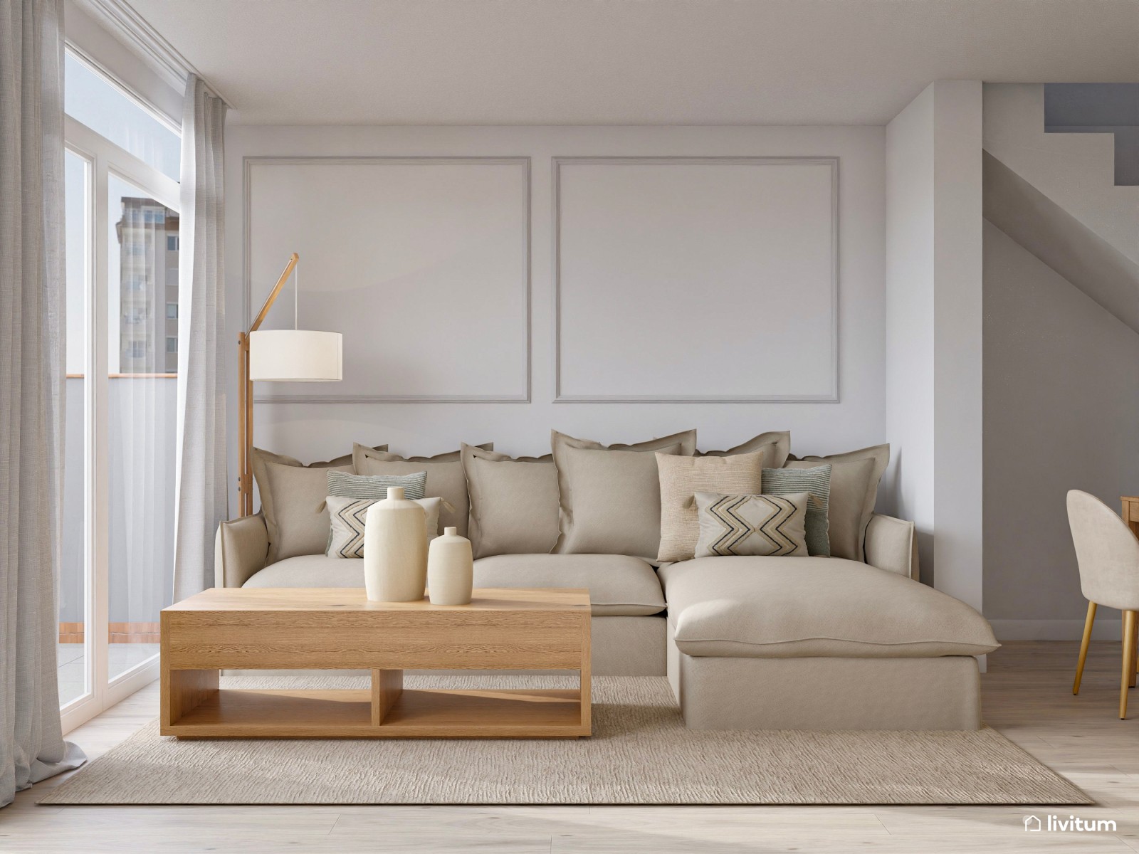 Salón clásico con piezas de estilo nórdico en tonos neutros