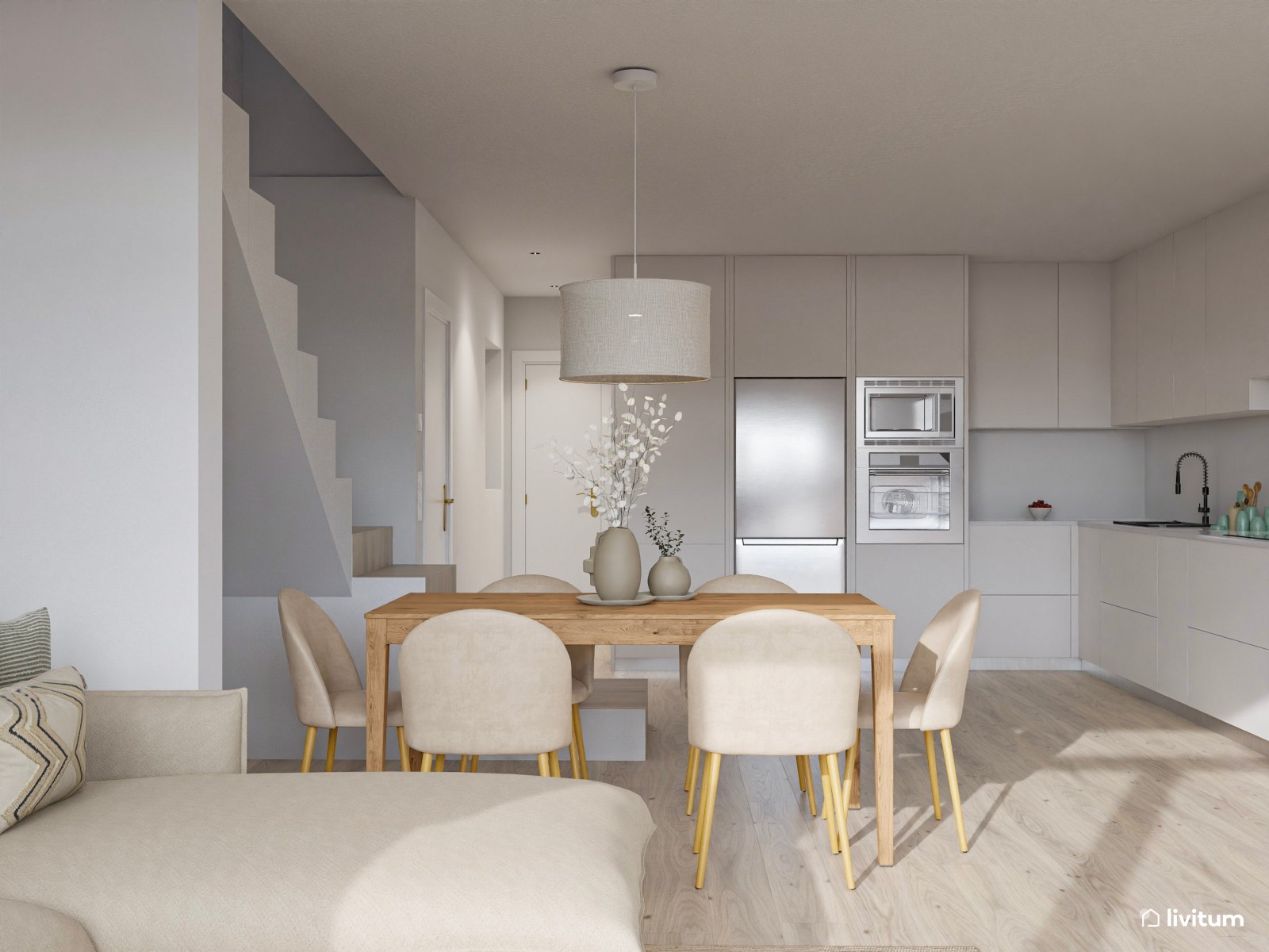 Salón clásico con piezas de estilo nórdico en tonos neutros
