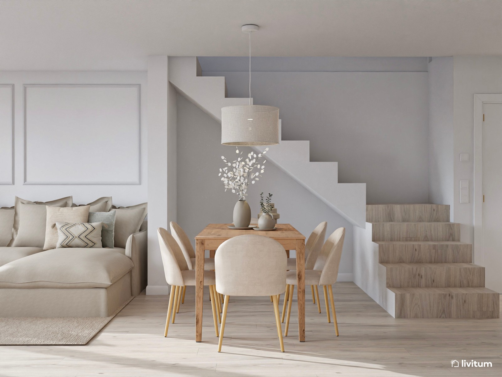 Salón clásico con piezas de estilo nórdico en tonos neutros