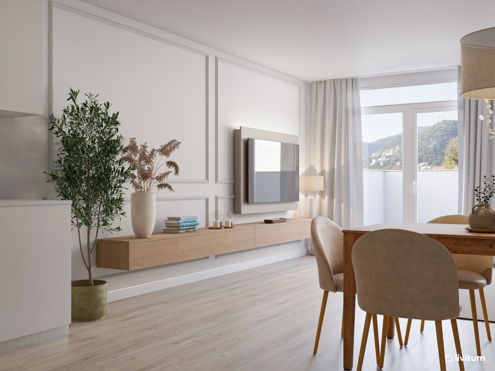 Salón clásico con piezas de estilo nórdico en tonos neutros