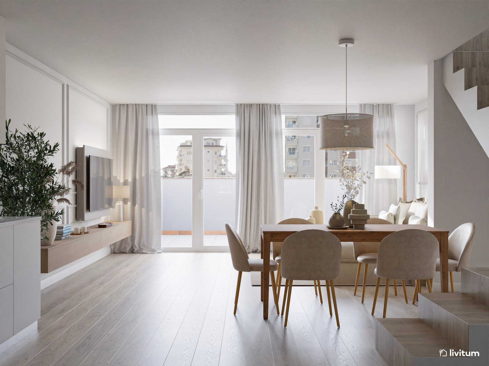 Salón clásico con piezas de estilo nórdico en tonos neutros