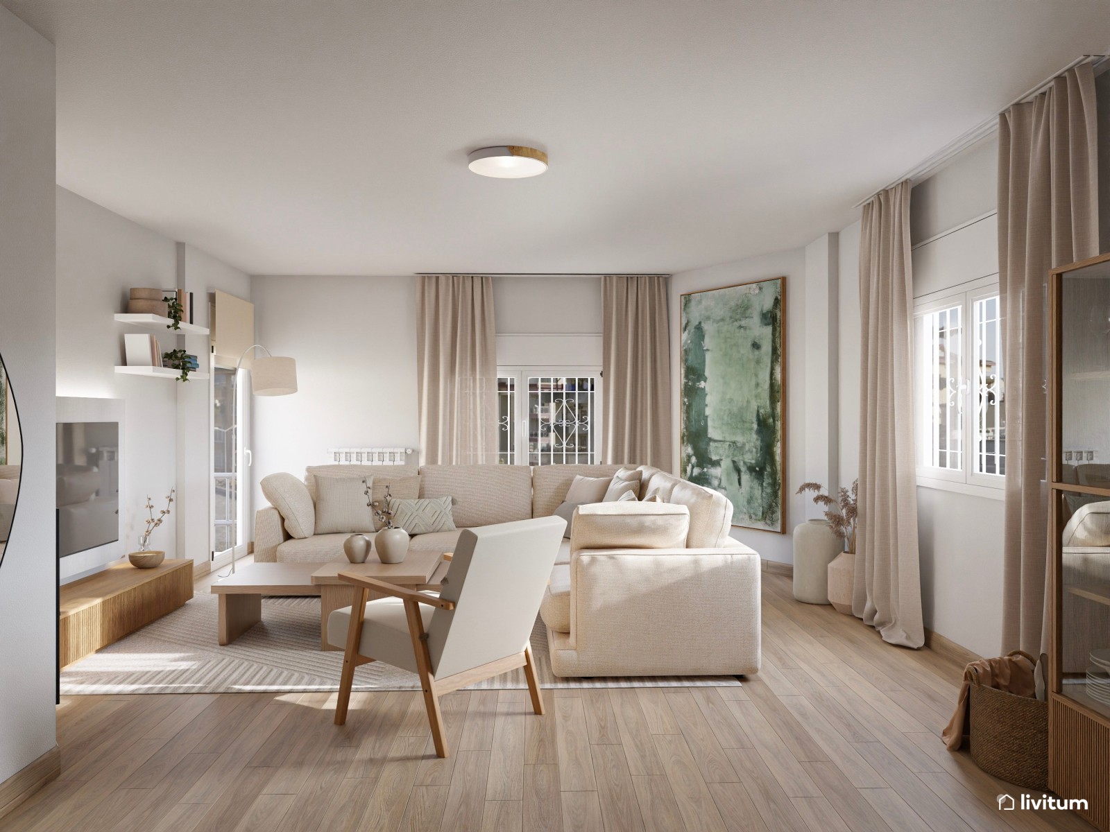  Salón clásico contemporáneo con sofás claros y acentos en verde
