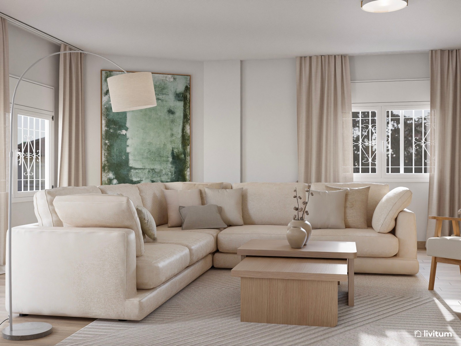  Salón clásico contemporáneo con sofás claros y acentos en verde
