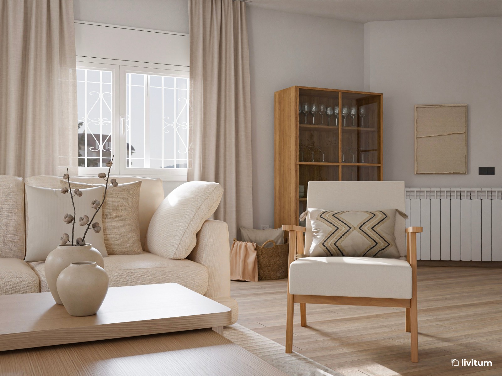  Salón clásico contemporáneo con sofás claros y acentos en verde