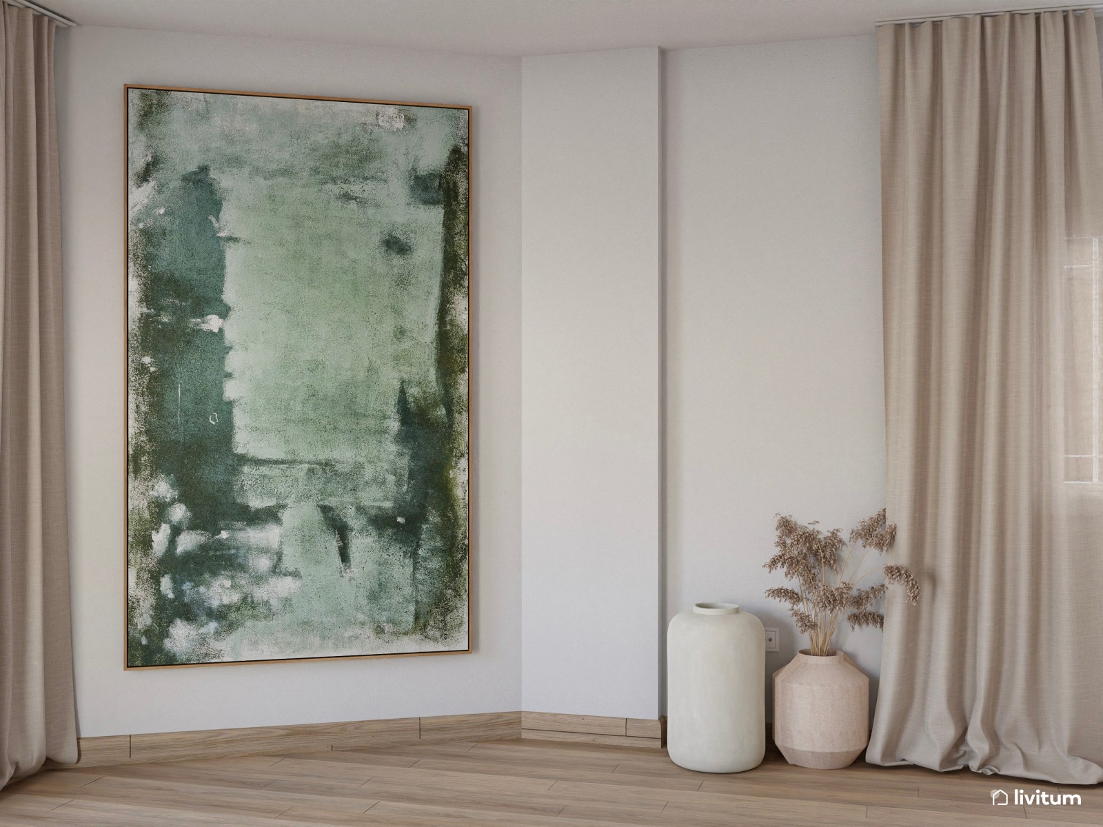  Salón clásico contemporáneo con sofás claros y acentos en verde