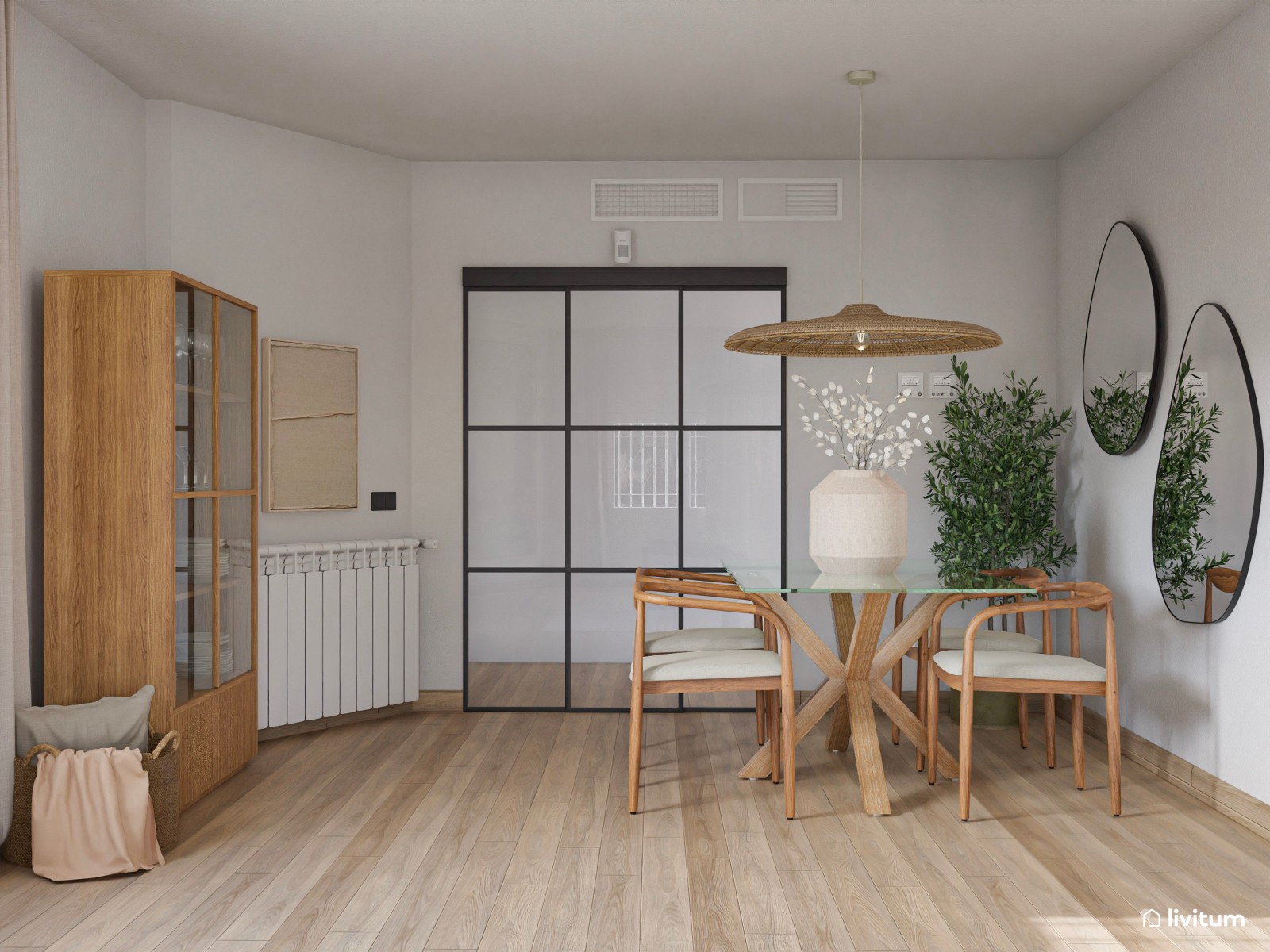  Salón clásico contemporáneo con sofás claros y acentos en verde