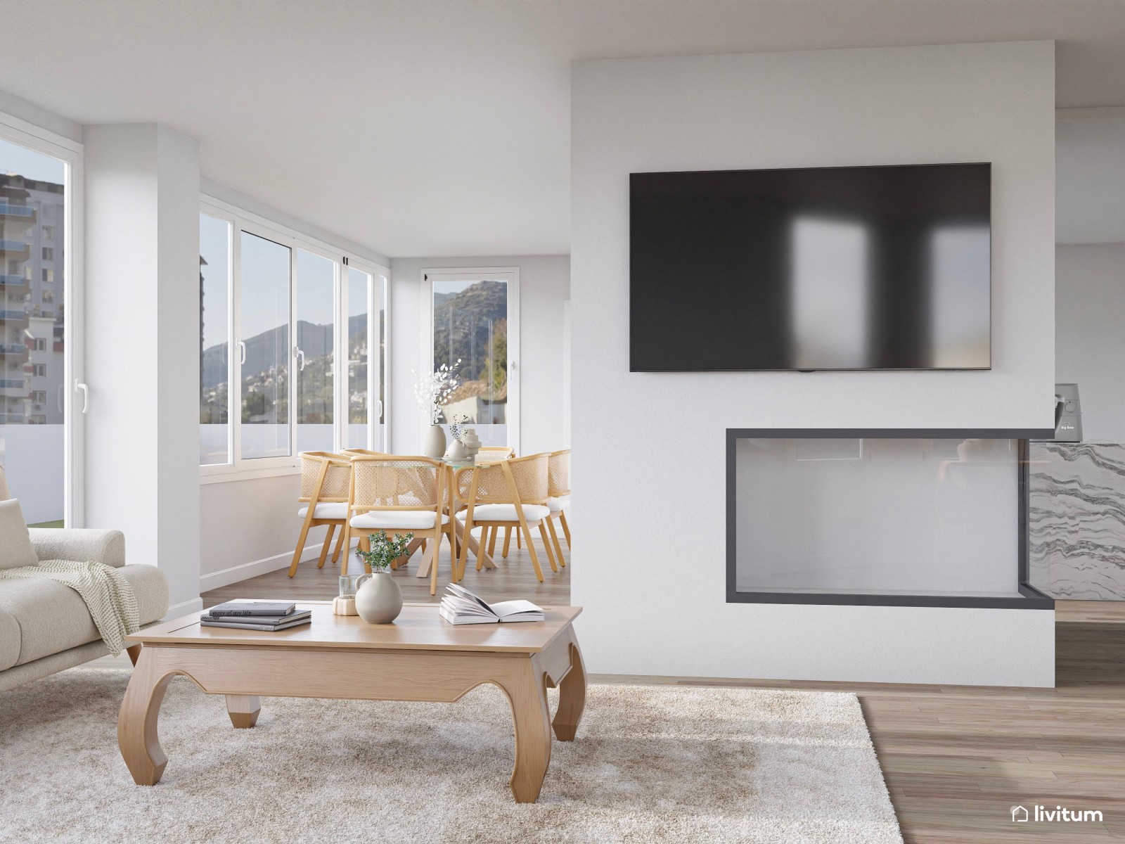 Salón clásico en planta irregular con butacas en verde musgo