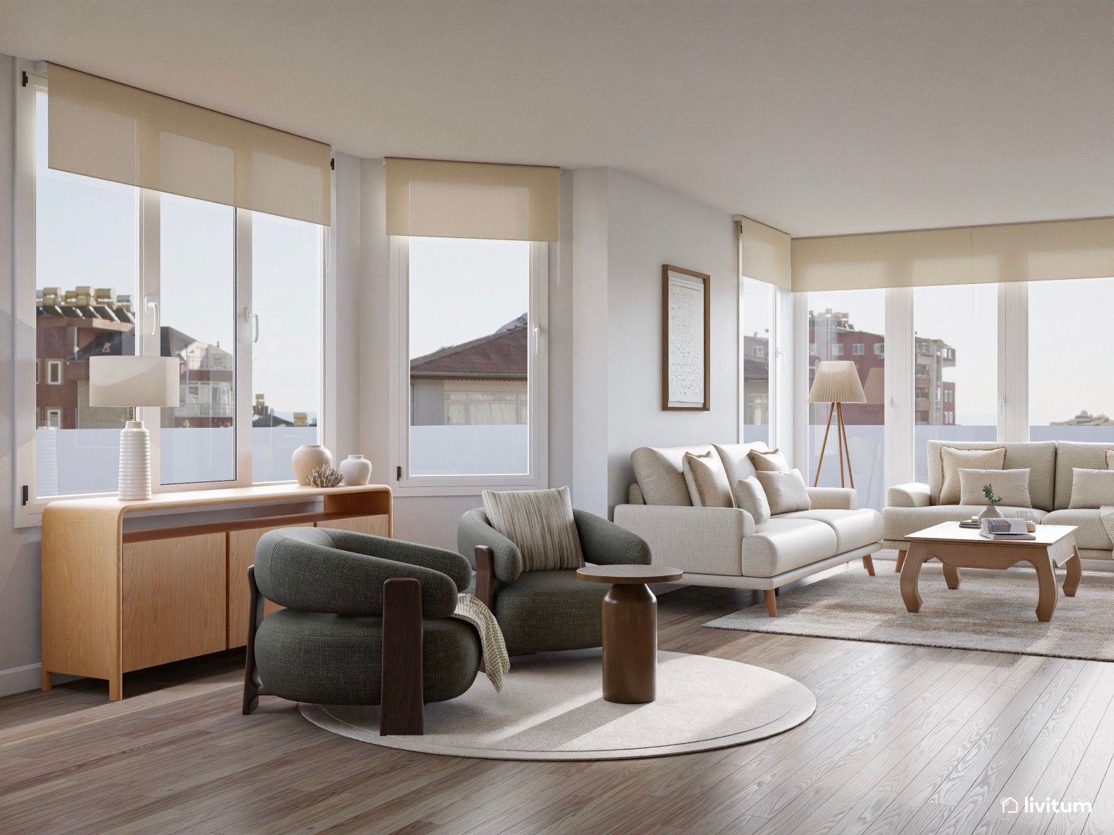 Salón clásico en planta irregular con butacas en verde musgo