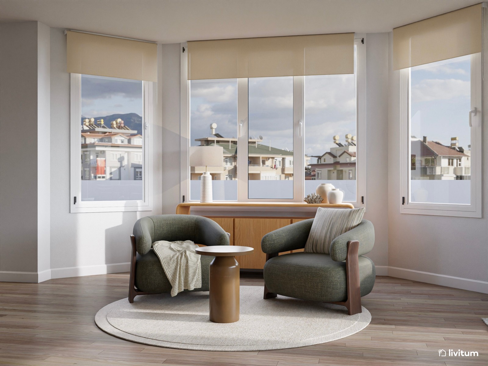 Salón clásico en planta irregular con butacas en verde musgo