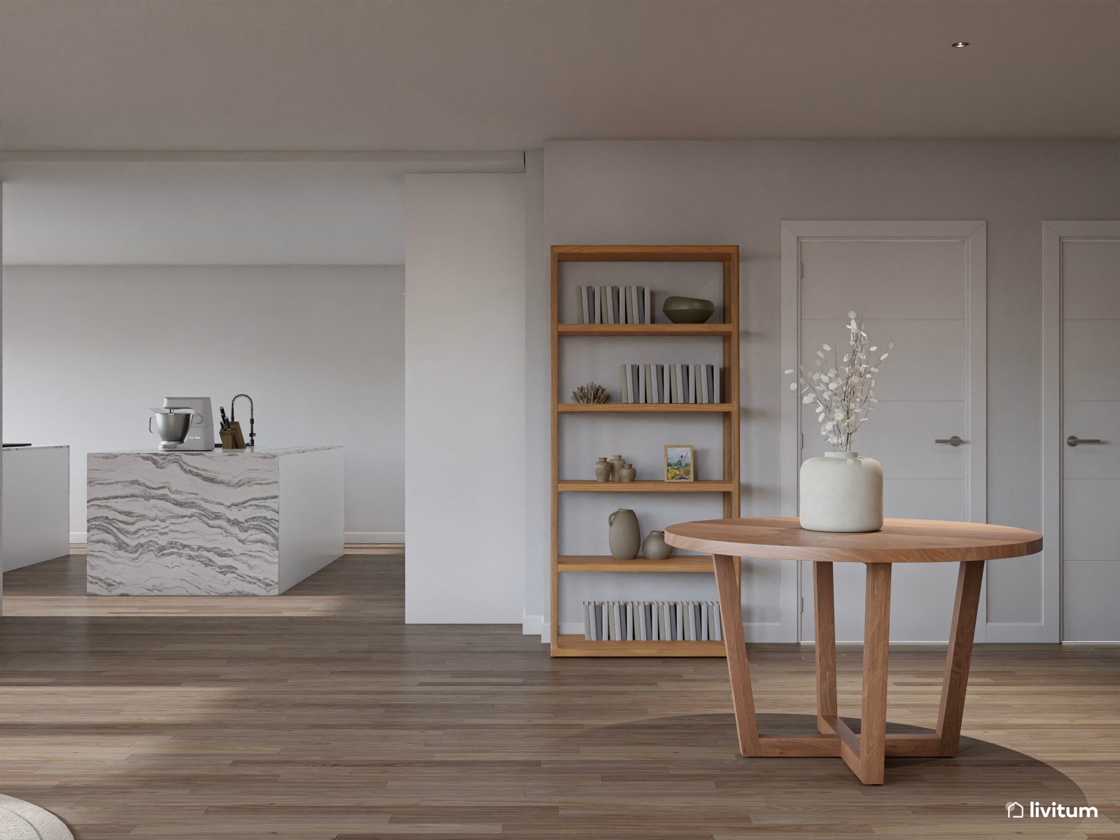 Salón clásico en planta irregular con butacas en verde musgo