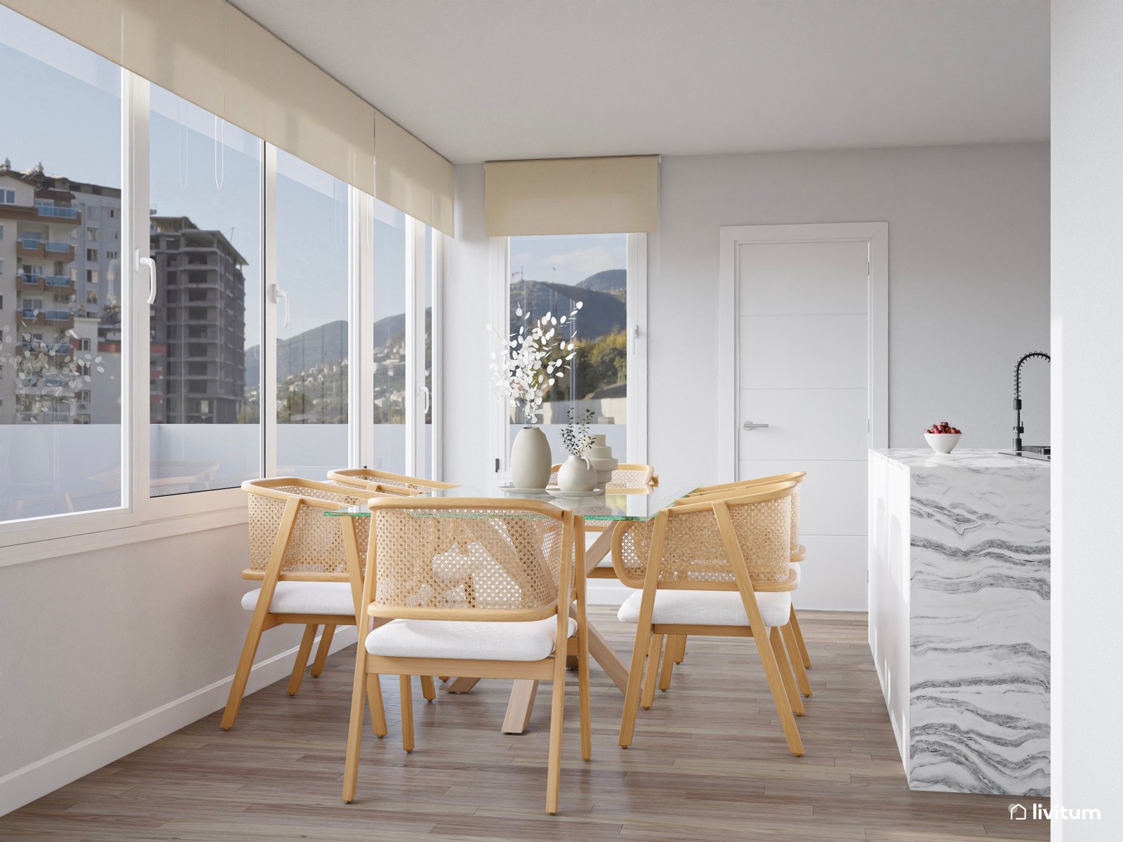 Salón clásico en planta irregular con butacas en verde musgo