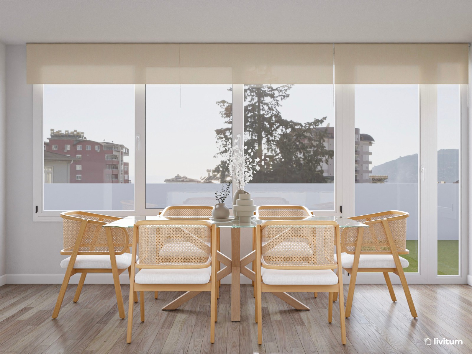 Salón clásico en planta irregular con butacas en verde musgo