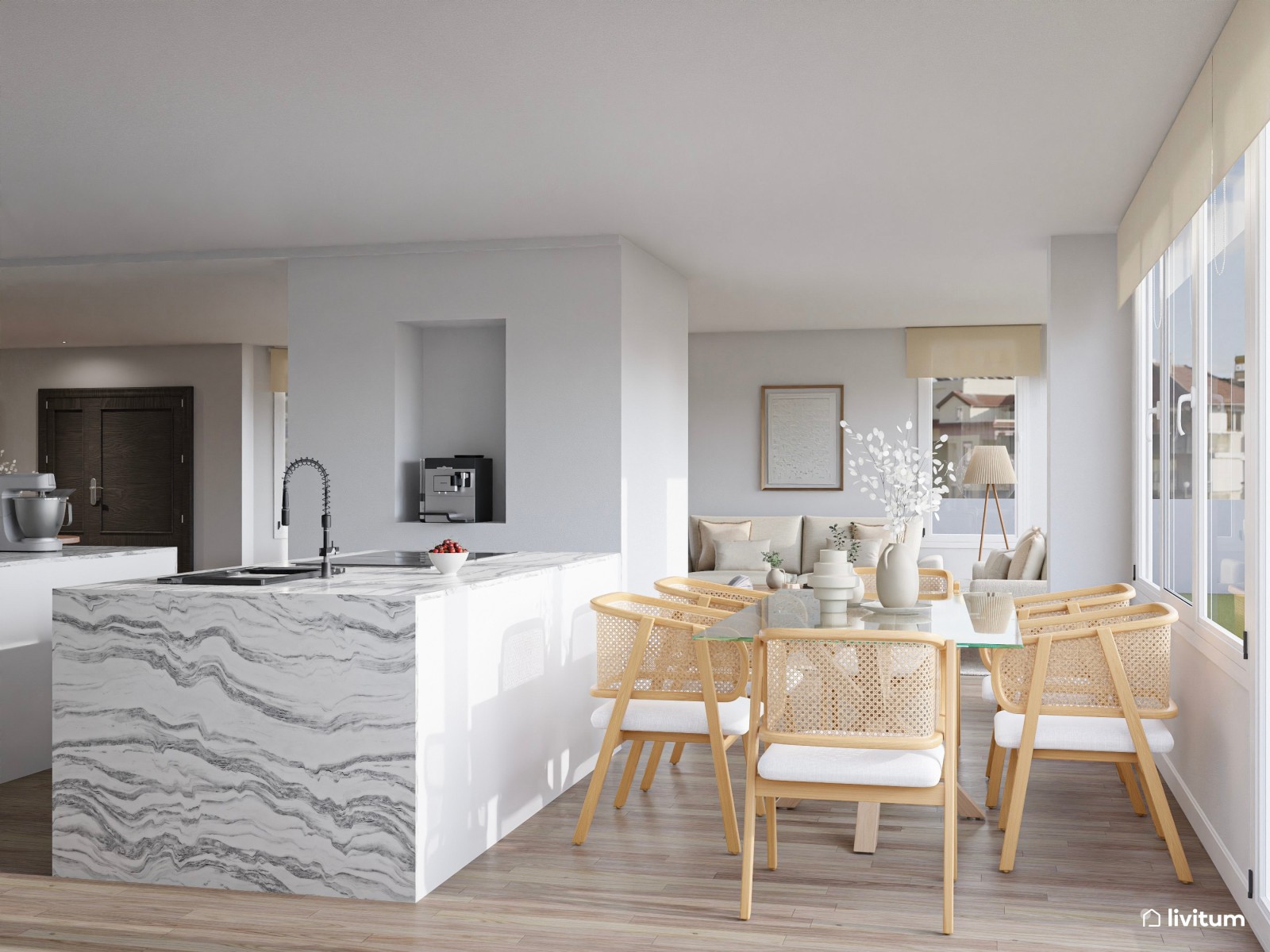 Salón clásico en planta irregular con butacas en verde musgo