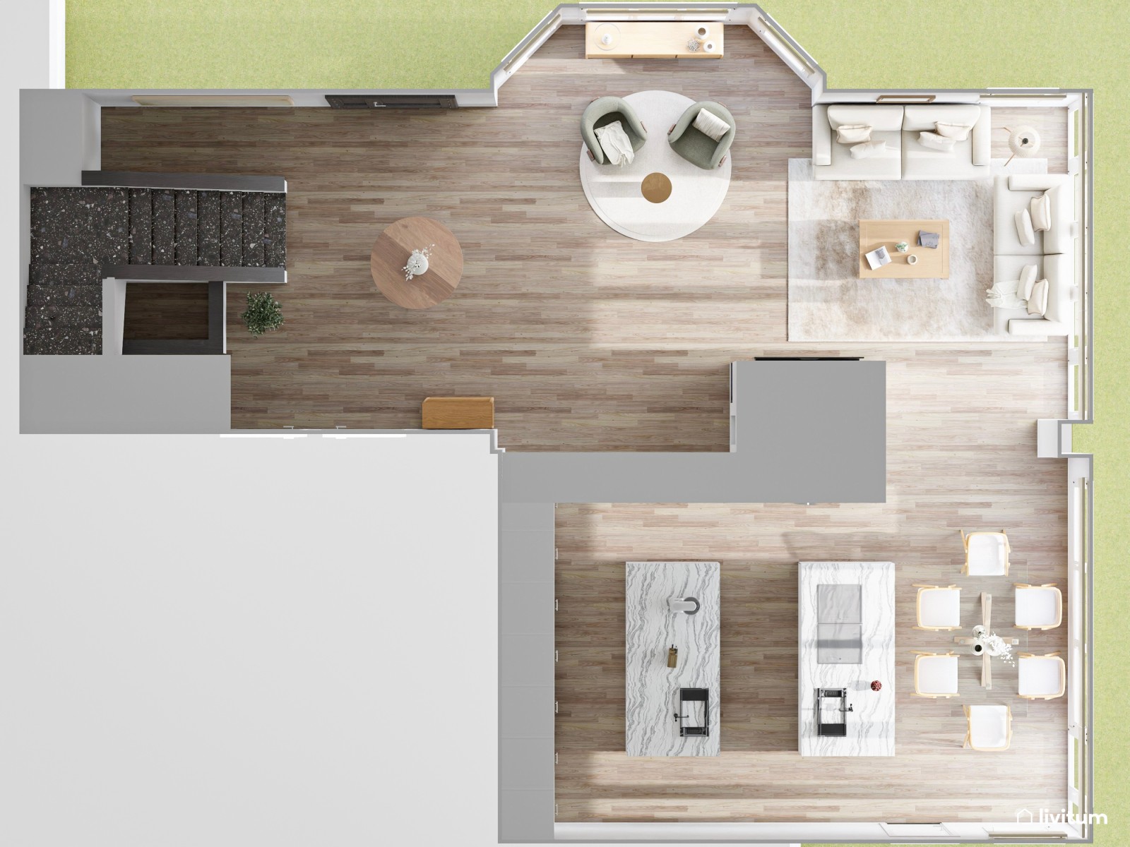 Salón clásico en planta irregular con butacas en verde musgo