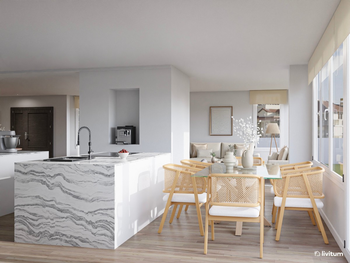 Salón clásico en planta irregular con butacas en verde musgo