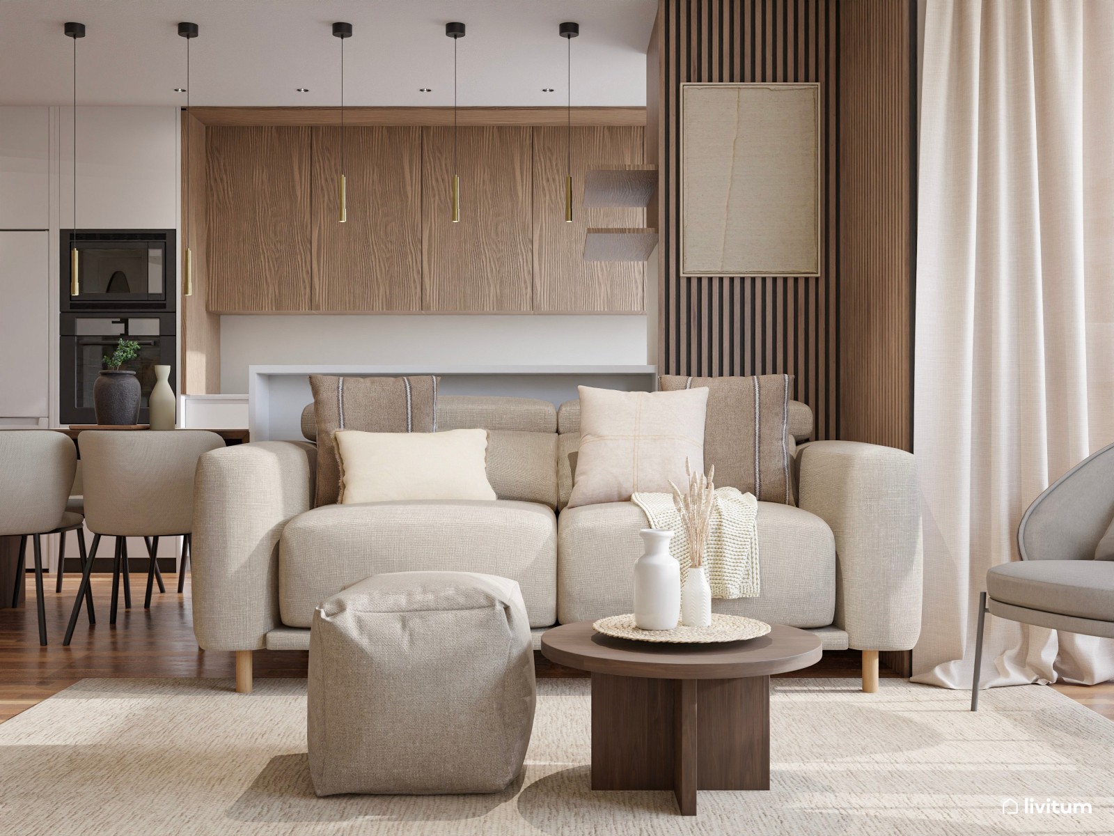 Salón clásico y elegante en madera oscura y muebles mid-century