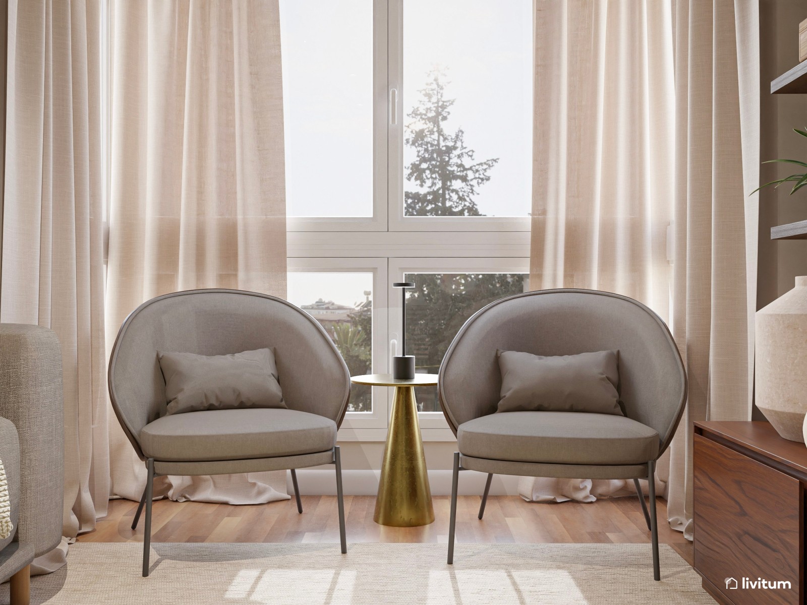 Salón clásico y elegante en madera oscura y muebles mid-century