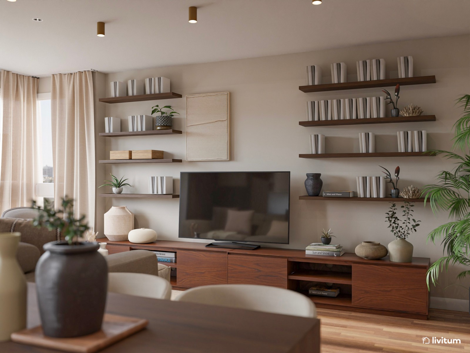 Salón clásico y elegante en madera oscura y muebles mid-century