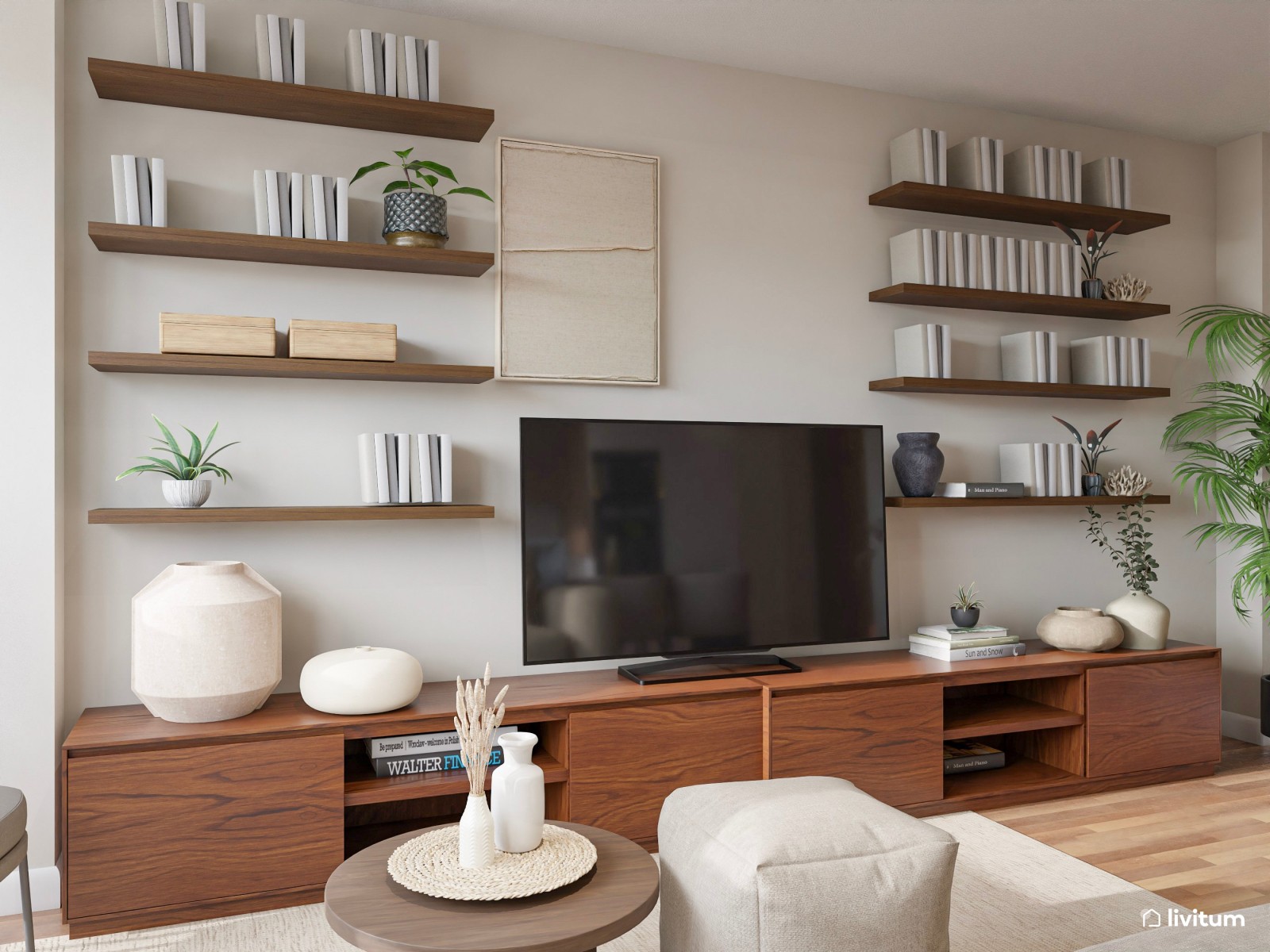 Salón clásico y elegante en madera oscura y muebles mid-century
