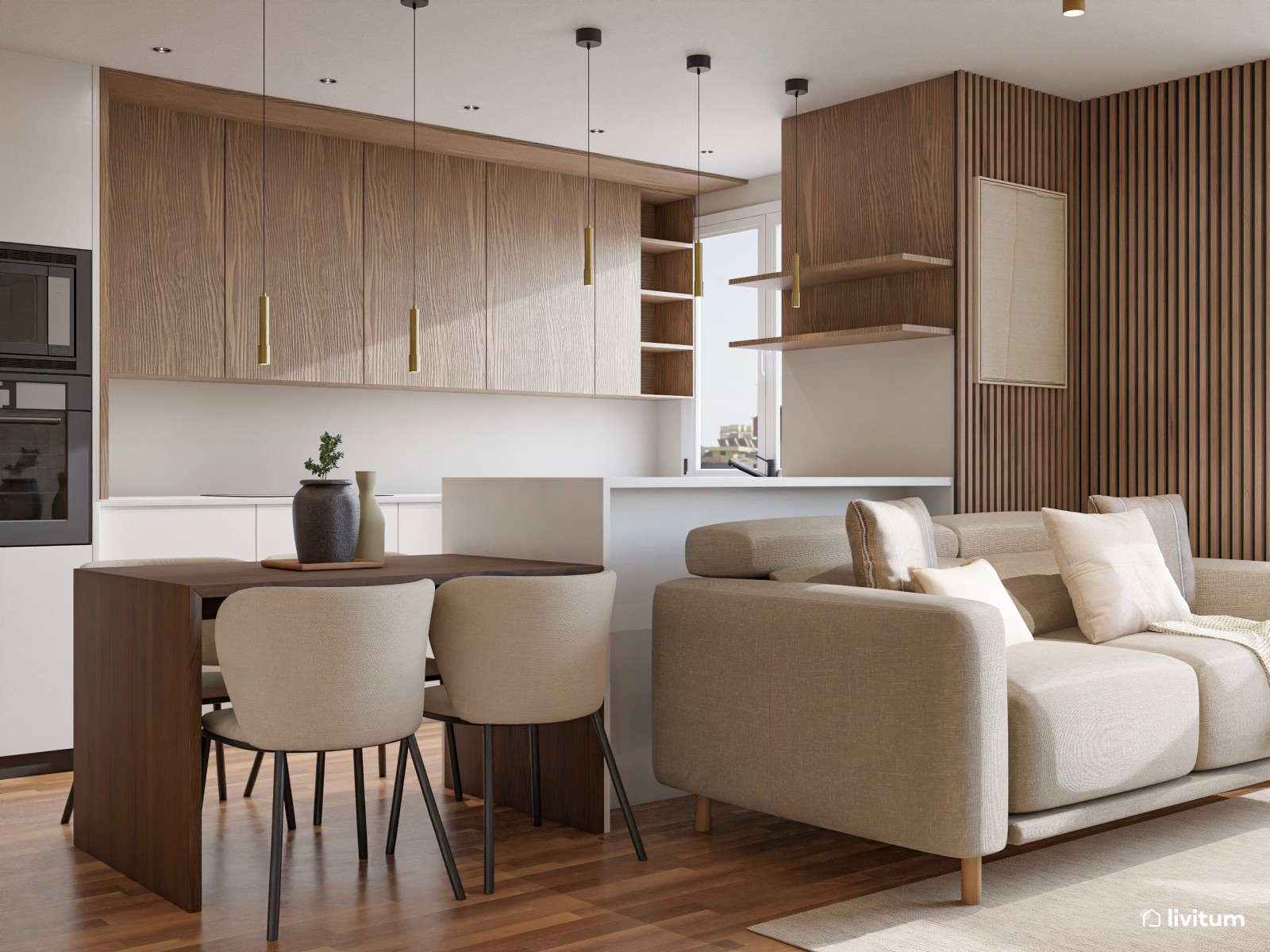 Salón clásico y elegante en madera oscura y muebles mid-century